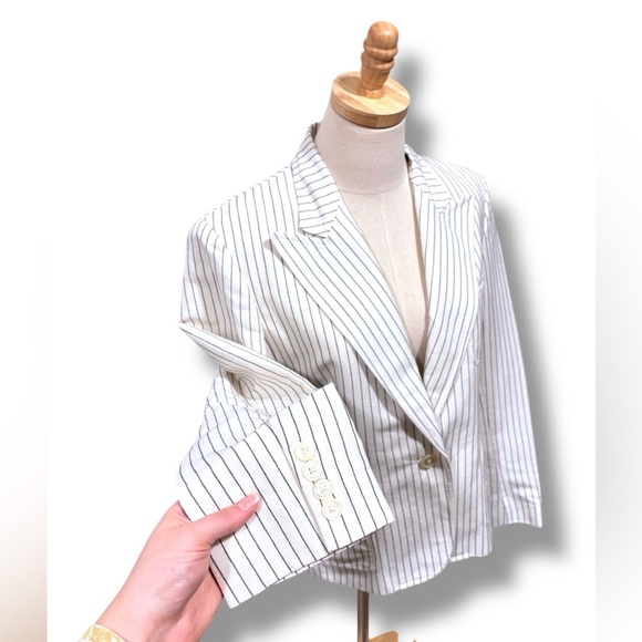 Ralph Lauren Vintage Linen White Black Pinstriped Women’s Blazer Size 12 - Picture 1 of 10